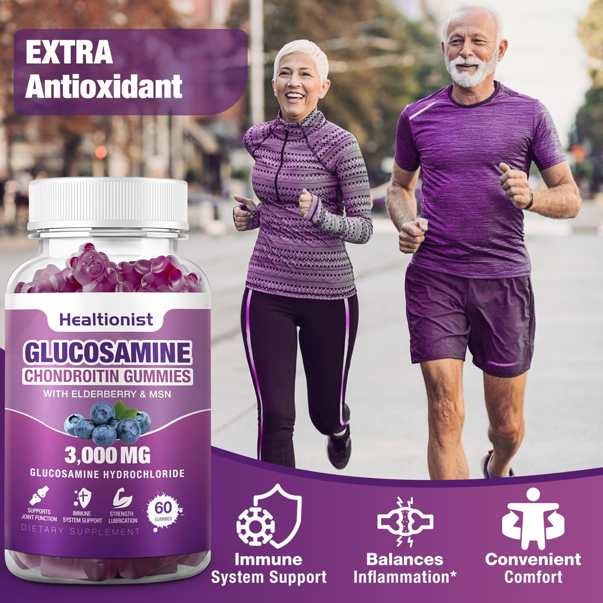 Extra Strength Glucosamine Chondroitin Gummies in original packaging, promoting joint health and comfort for active lifestyles.