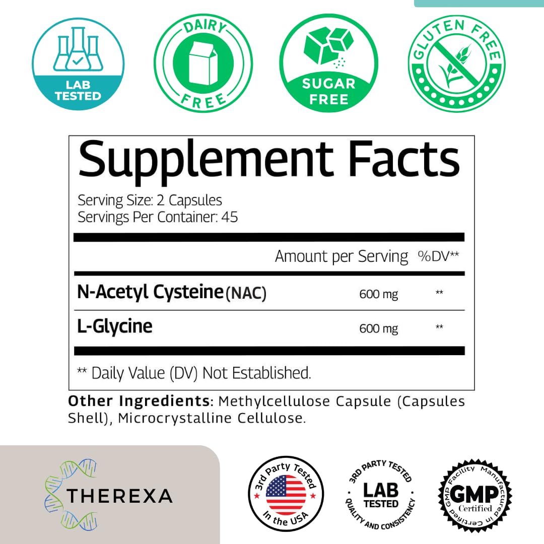Glynac Supplement Glycine NAC in high-quality packaging, featuring detailed supplement facts for optimal health benefits. Available at Curat Cart.