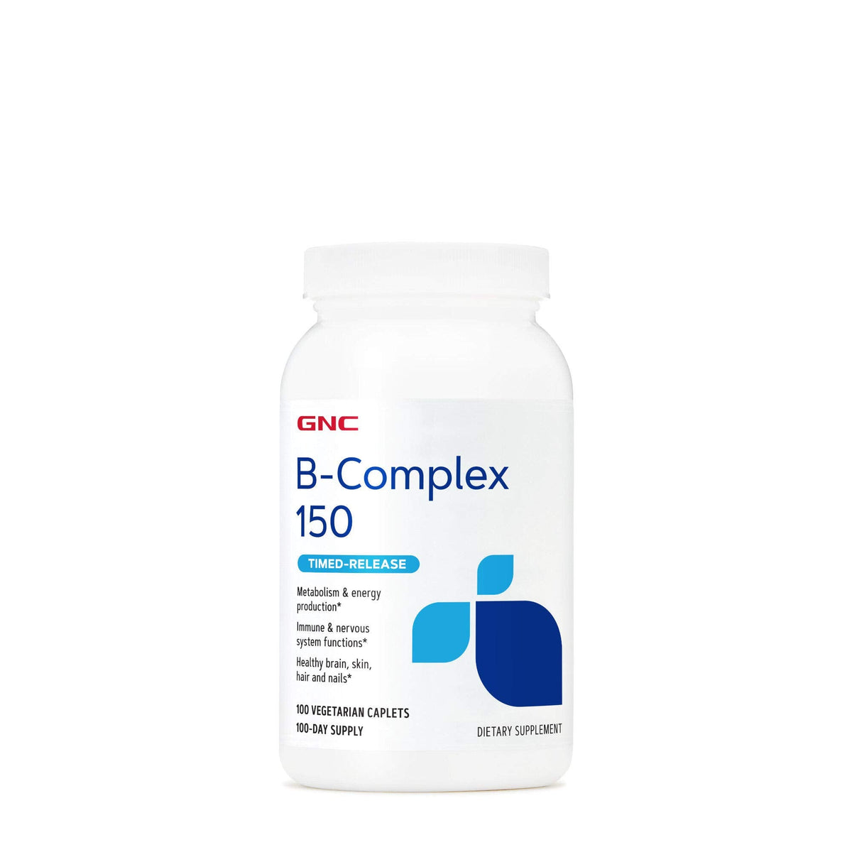 Authentic GNC B-Complex 150 for metabolism and energy, 100 vegetarian caplets, 100-day supply, supports overall health.