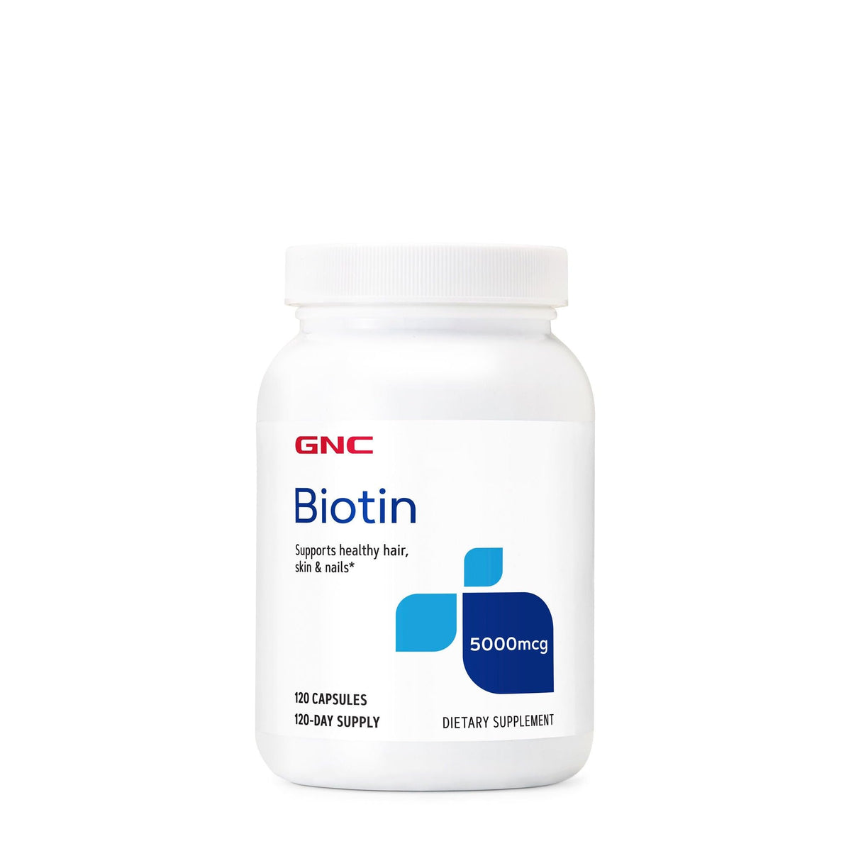 Authentic GNC Biotin supplement, 120 capsules, 5000mcg, supports healthy hair, skin, and nails for vibrant beauty.