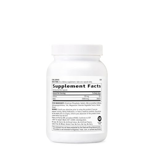 GNC Biotin Supplement bottle showcasing detailed supplement facts. Verified by CuratCart for quality assurance.
