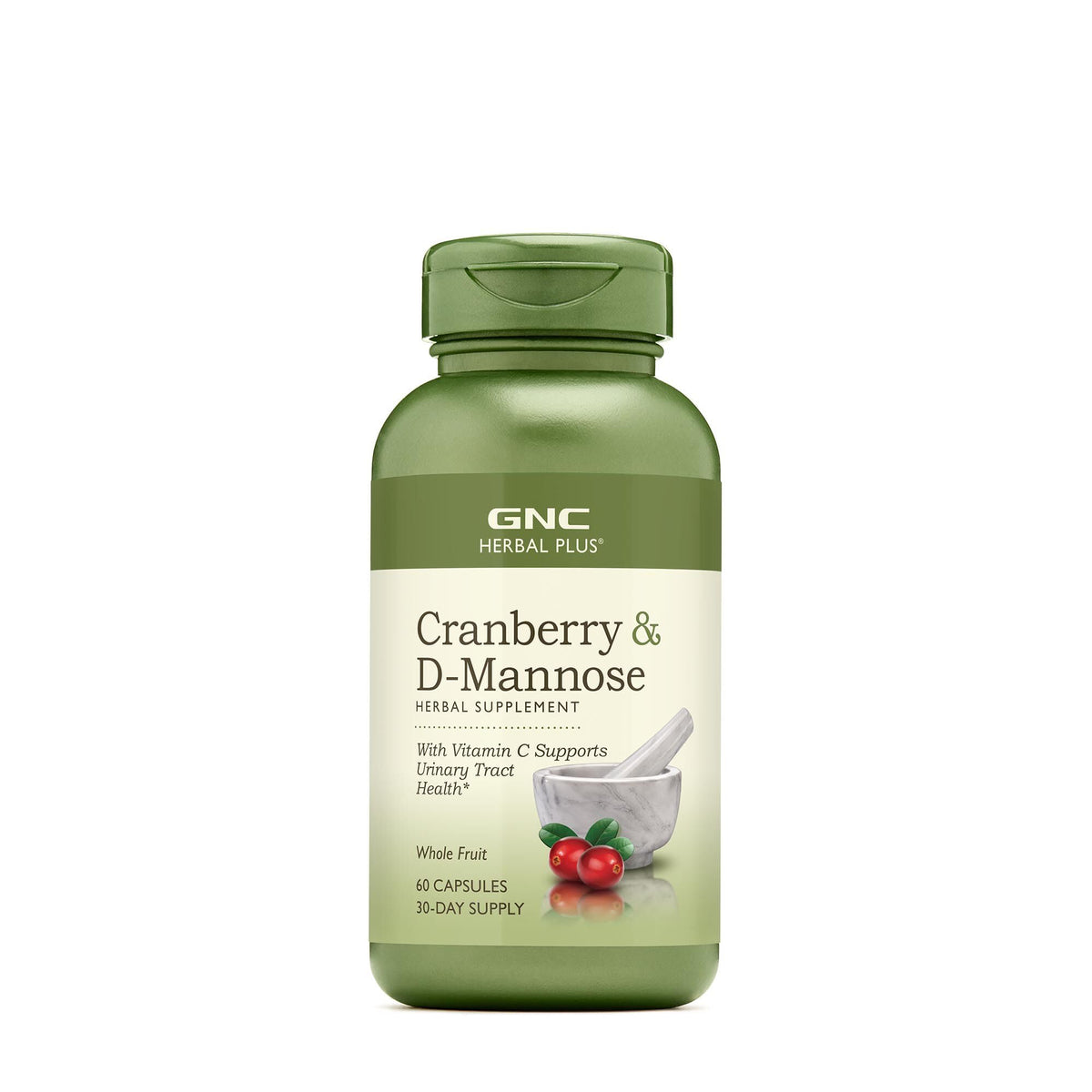 Authentic GNC Herbal Plus Cranberry D-Mannose, 60 capsules for urinary tract health support. Whole fruit extract.
