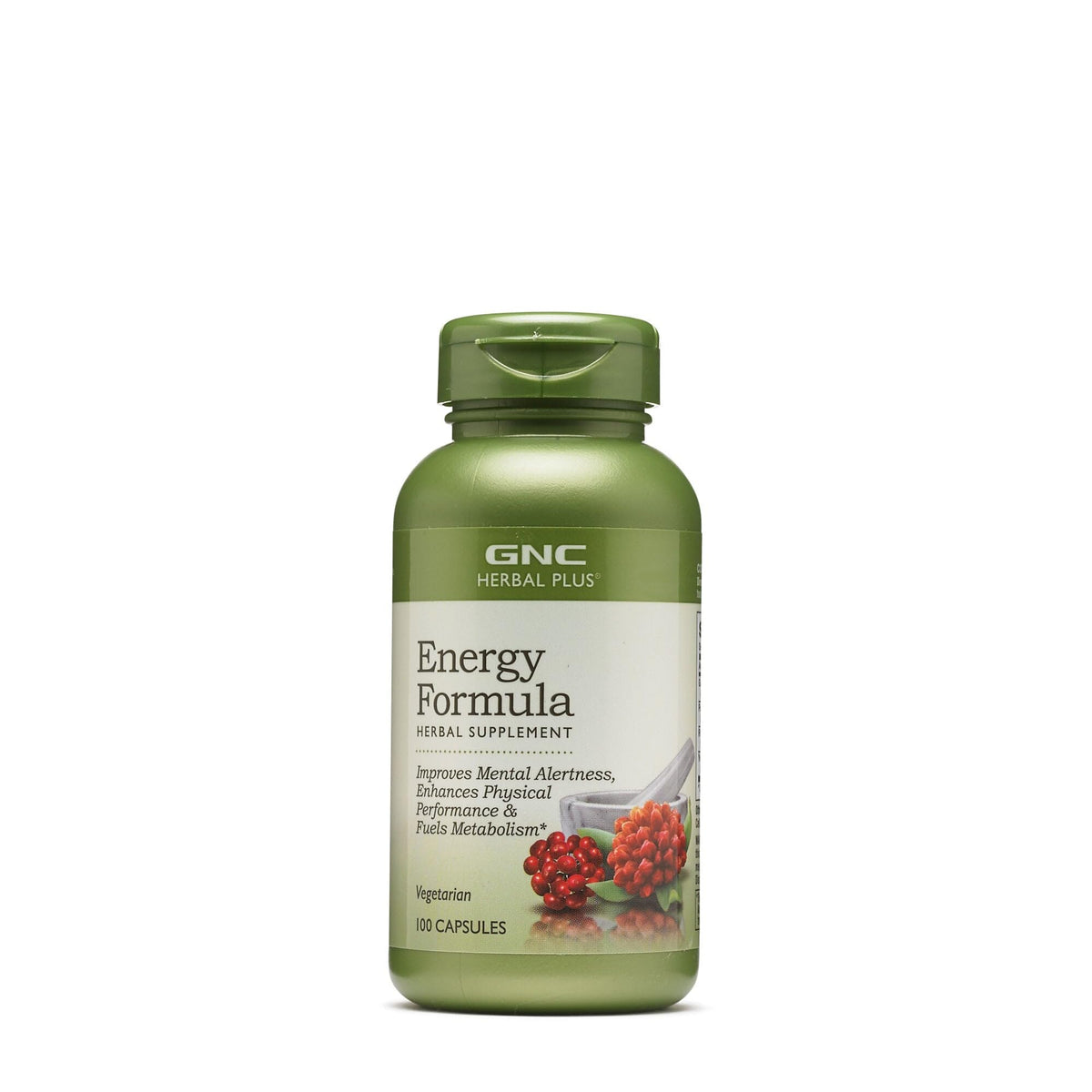 GNC Herbal Plus Energy Formula contains 100 vegetarian capsules for enhancing mental alertness and physical performance.