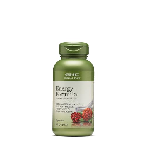 GNC Herbal Plus Energy Formula in a green bottle; enhances energy and focus. Verified by CuratCart for quality.
