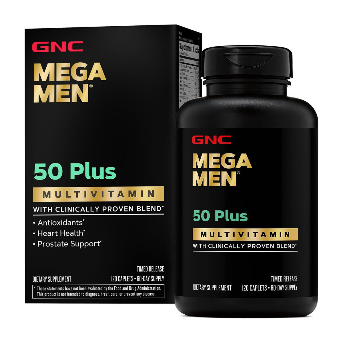 GNC Mega Men 50 Plus Multivitamin, 120 timed-release caplets; clinically proven blend for heart and prostate health.