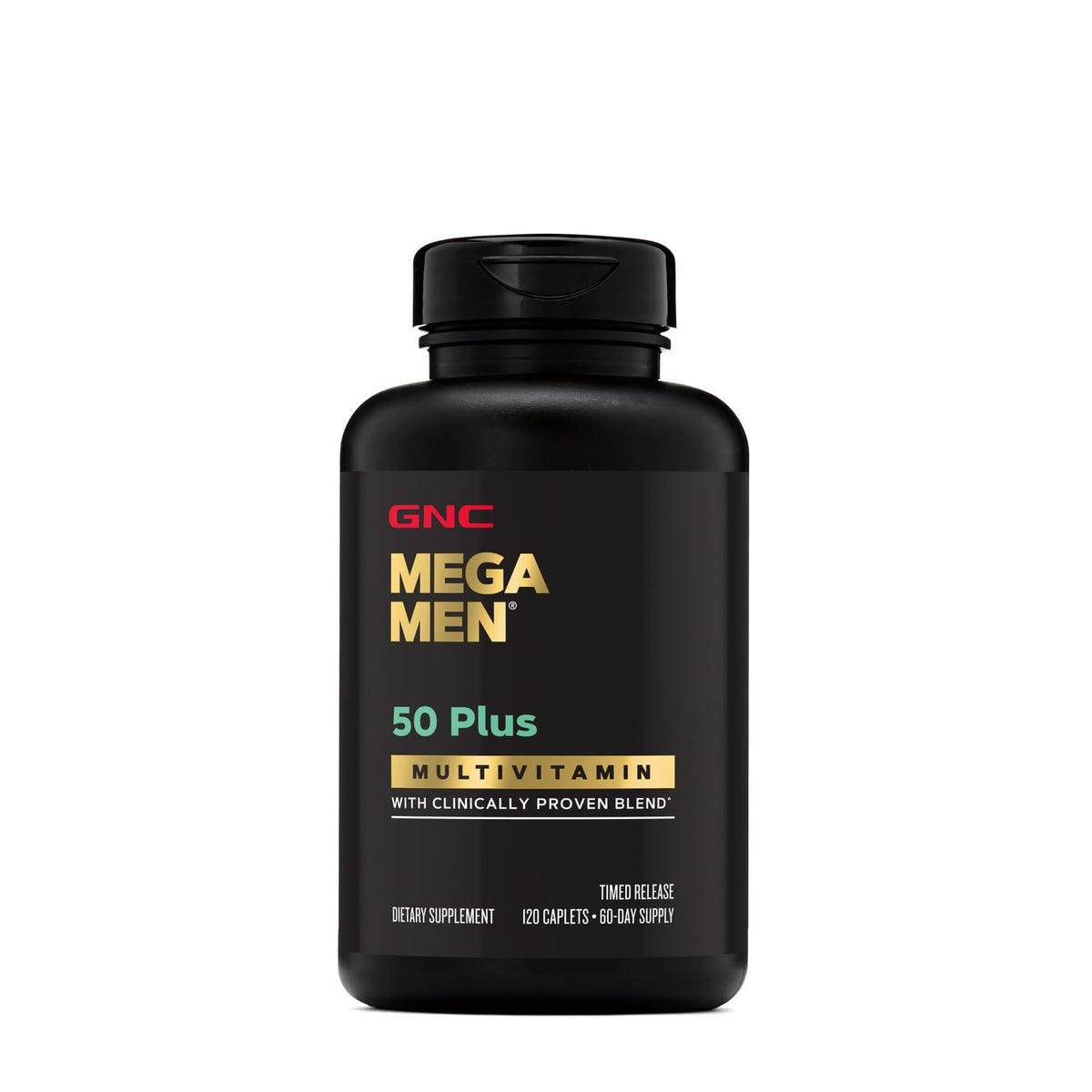 GNC Mega Men 50 Plus Multivitamin in a sleek black bottle, featuring a clinically proven blend for optimal health.