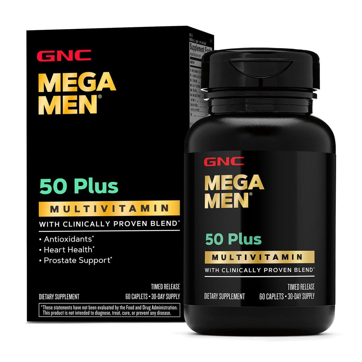 GNC Mega Men Multivitamin caplets, 100% genuine, designed for men's health, with antioxidants and prostate support.