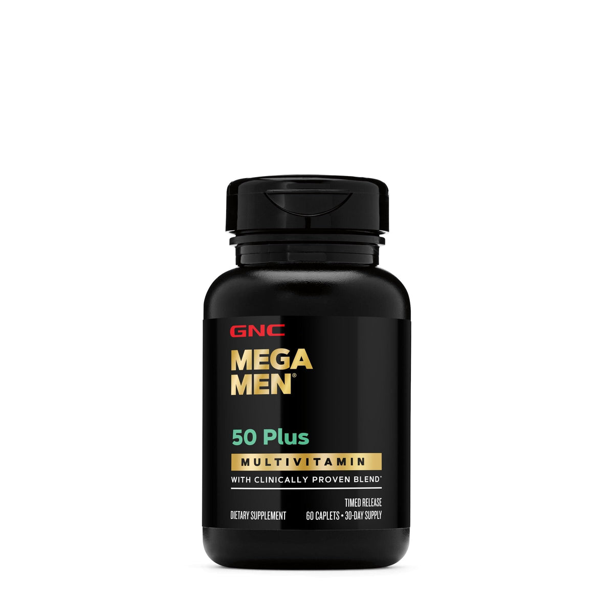 GNC Mega Men 50 Plus Multivitamin caplets. Verified by CuratCart for trusted quality and nutrition.
