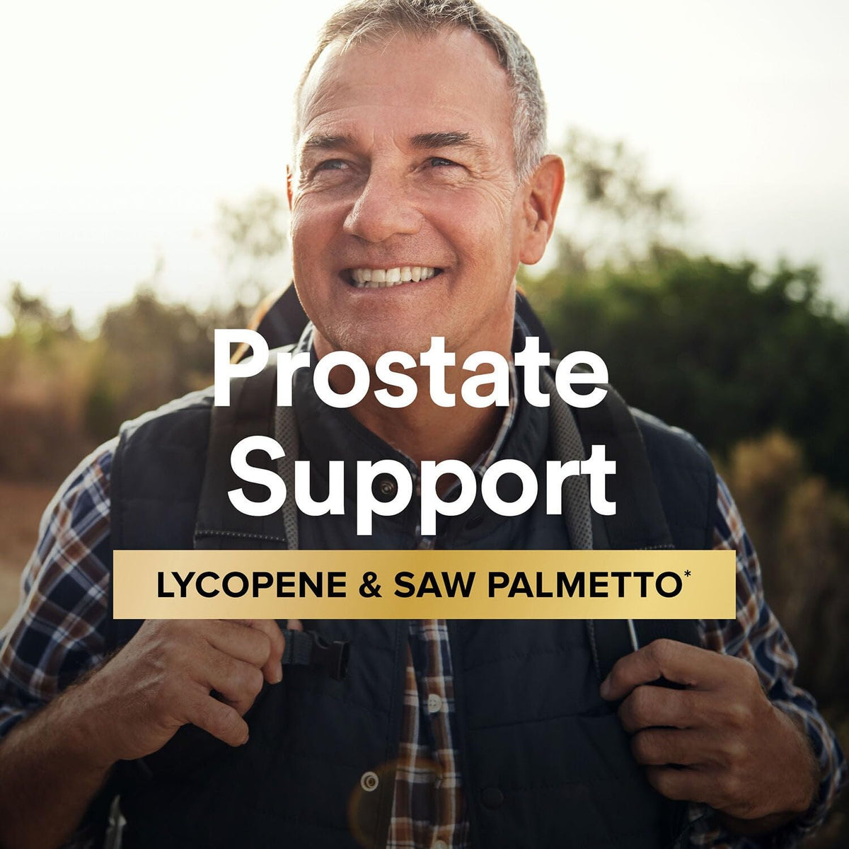 GNC Mega Men Multivitamin Caplets featuring a smiling man promoting prostate support with Lycopene and Saw Palmetto.