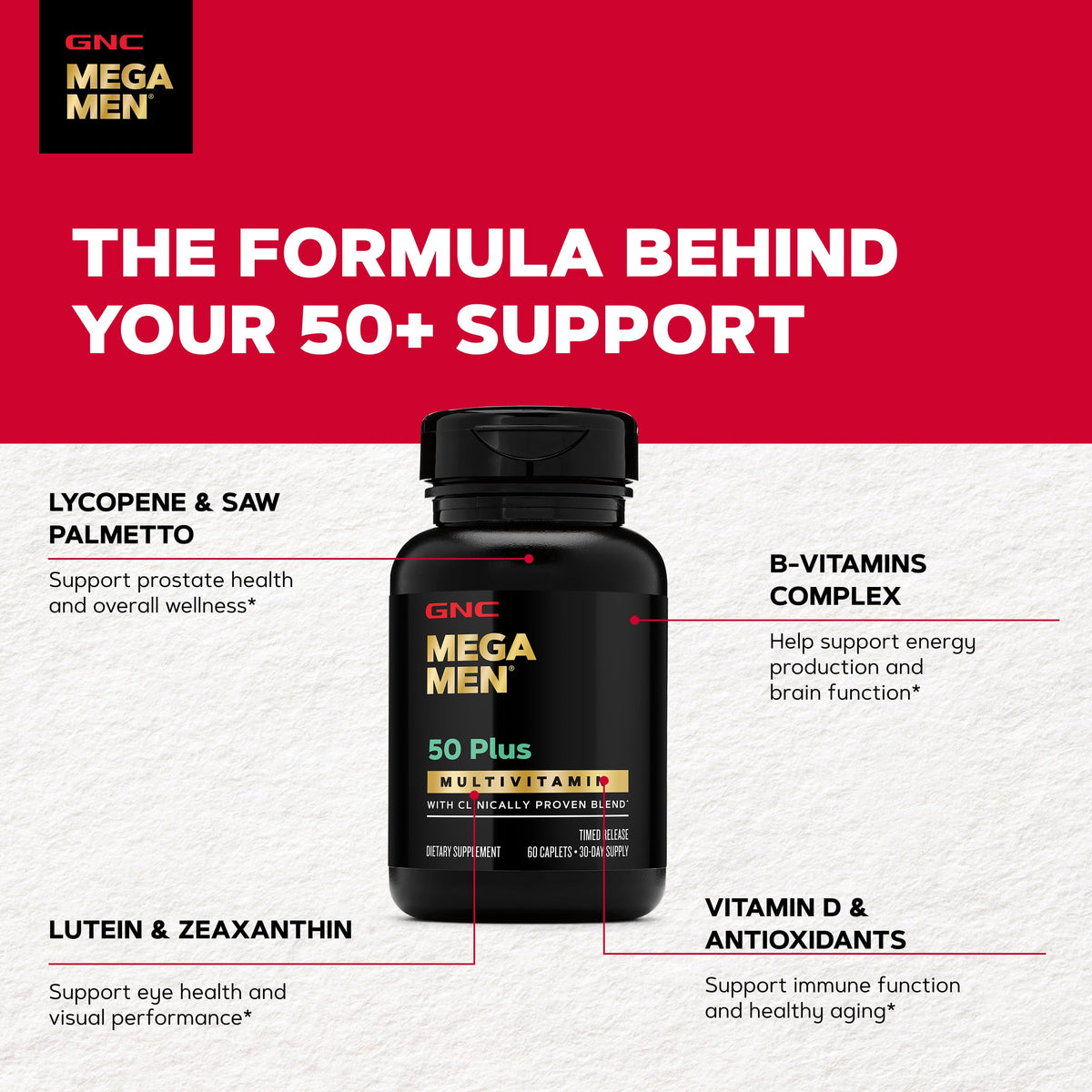 GNC Mega Men Multivitamin bottle showcasing essential vitamins for men over 50, promoting health and vitality.