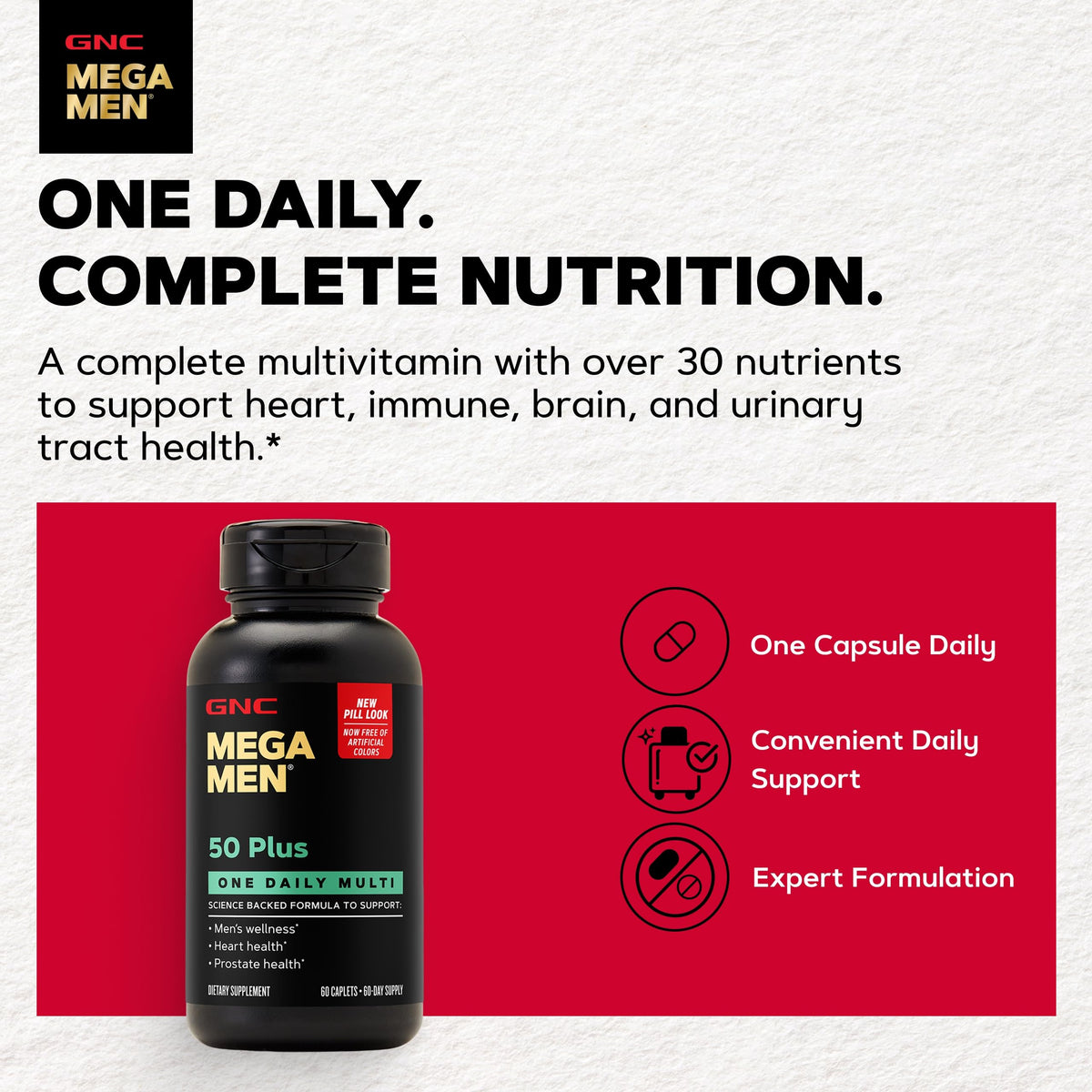 GNC Mega Men One Daily Multi in official packaging, offering over 30 nutrients for optimal health. Available at Curat Cart.