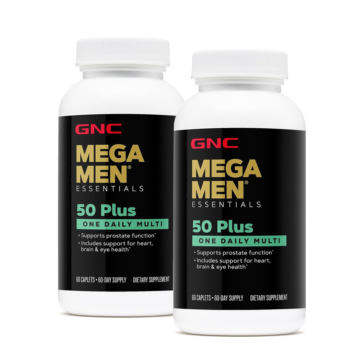 GNC Mega Men 50 Plus multivitamin bottles, 100% genuine dietary supplement for heart, brain, and eye health.