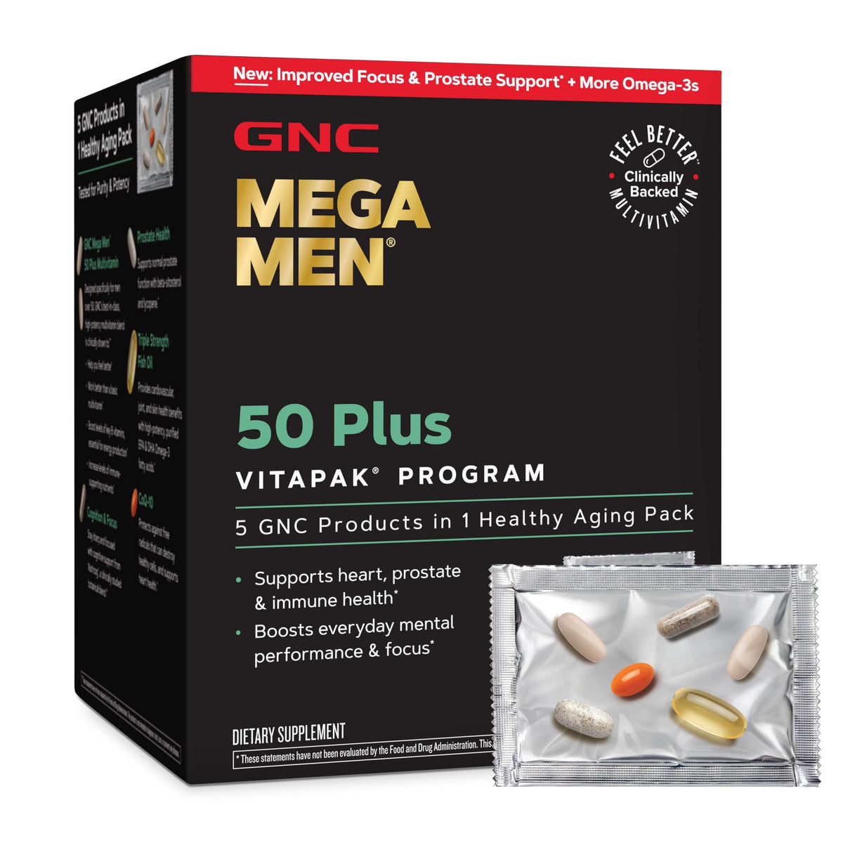 GNC Mega Men 50 Plus Vitapak offers 5 authentic dietary supplements for healthy aging and enhanced vitality.