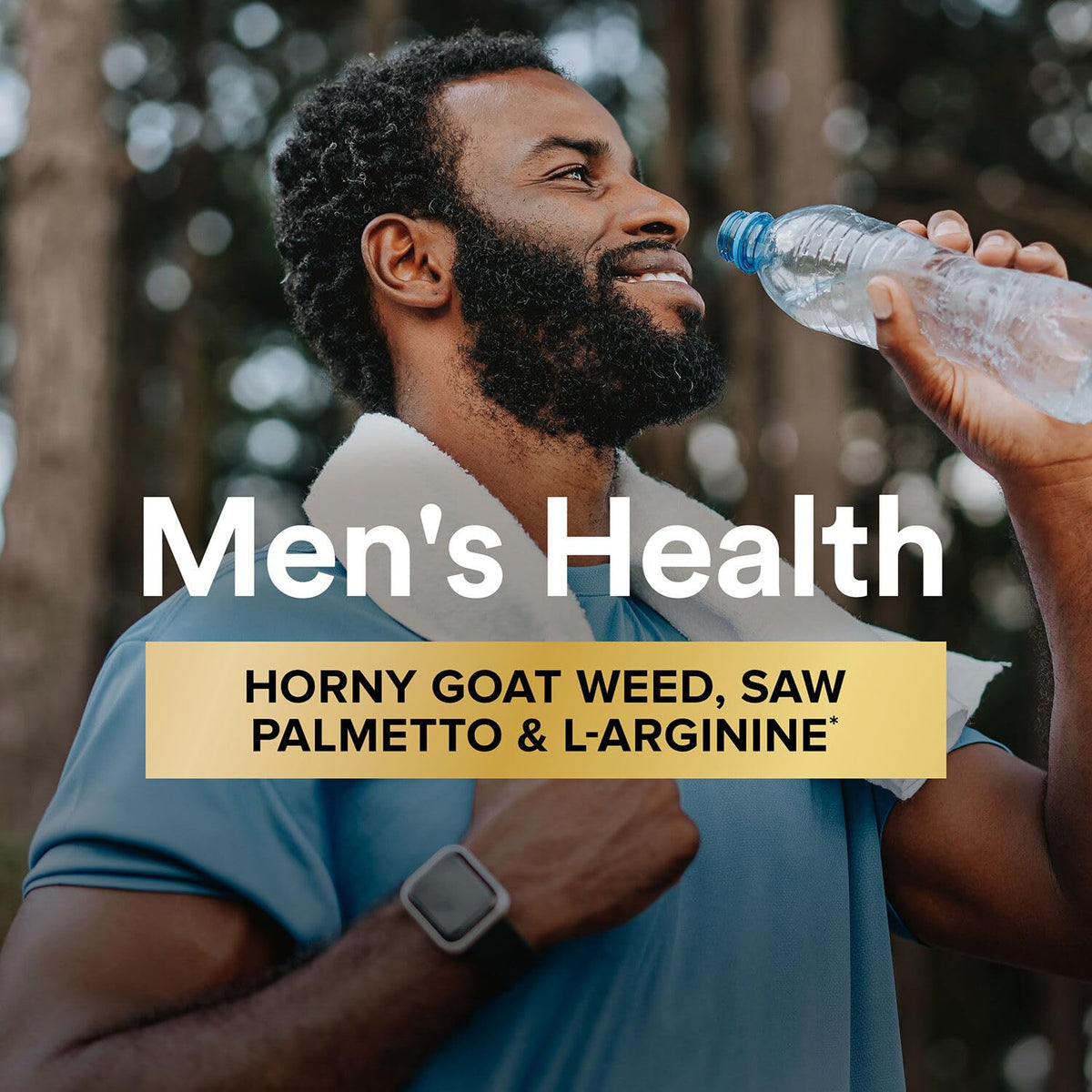 GNC Mega Men Energy and Metabolism product displayed by a man enjoying hydration outdoors, promoting men's health and vitality.