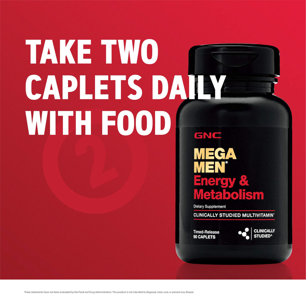 GNC Mega Men multivitamin bottle with instructions to take two caplets daily, featuring energy and metabolism benefits.