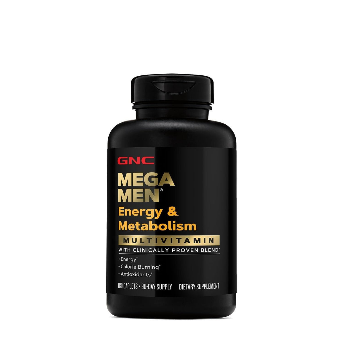 GNC Mega Men Multivitamin bottle, 180 capsules, clinically proven for energy and metabolism. Verified by CuratCart.