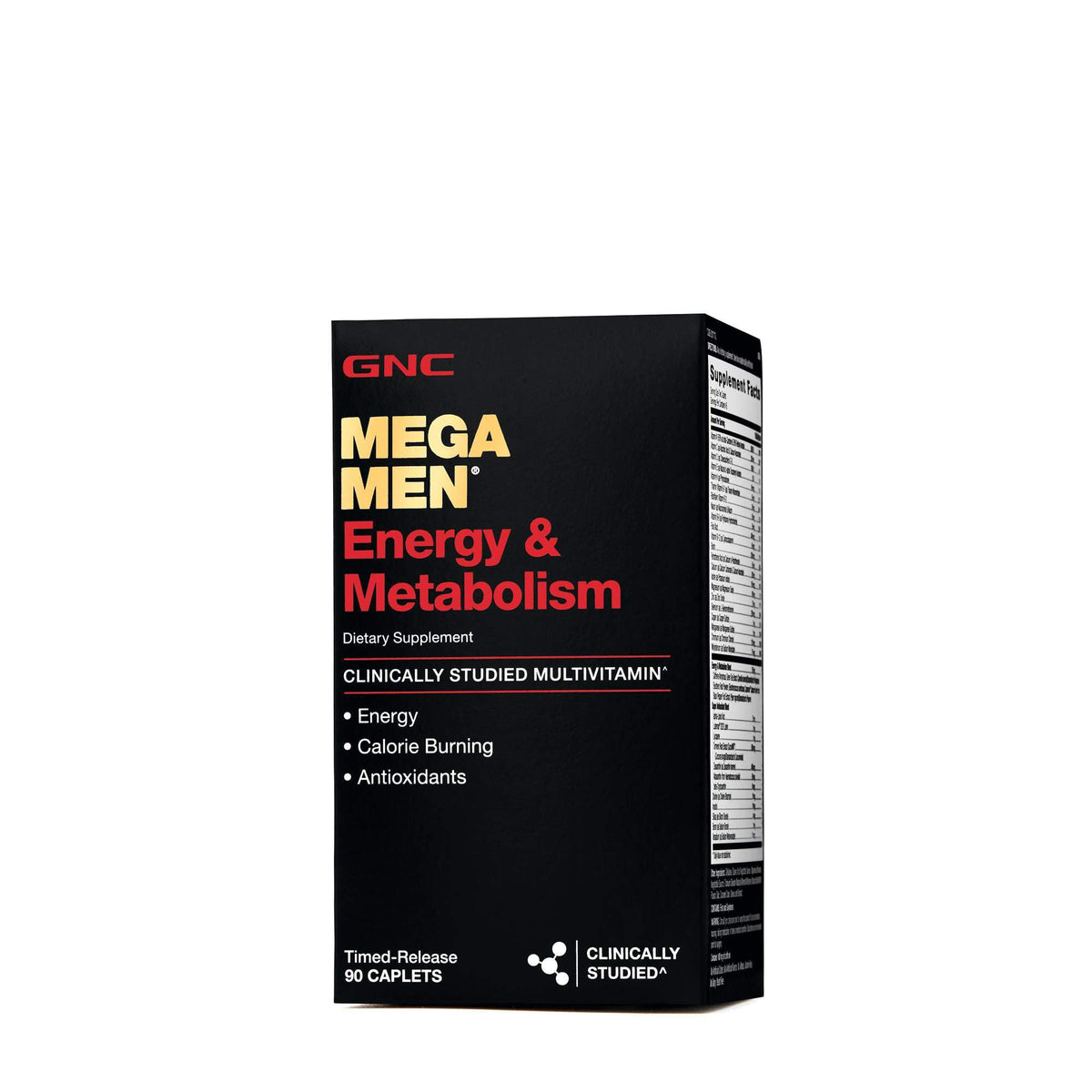 GNC Mega Men Multivitamin box showcasing energy, metabolism support, and antioxidants. 100% genuine dietary supplement.