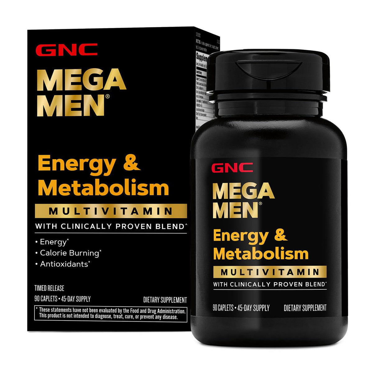 GNC Mega Men Multivitamin bottle and box, 100% authentic, supports energy and metabolism with clinically proven blend.