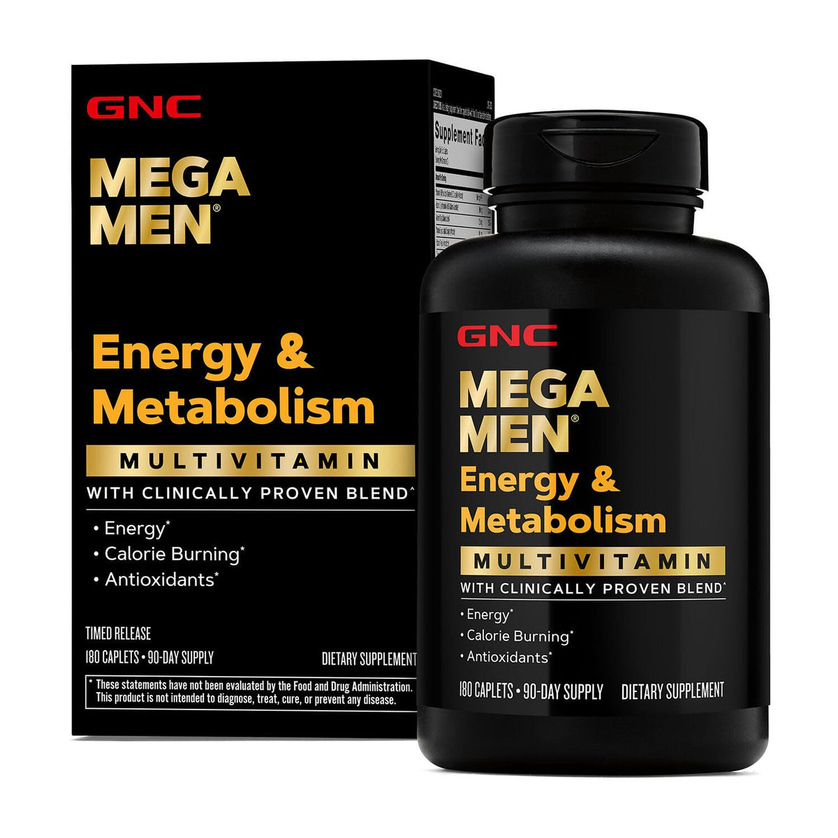 GNC Mega Men Multivitamin bottle and box, featuring energy and metabolism benefits. 100% authentic dietary supplement.
