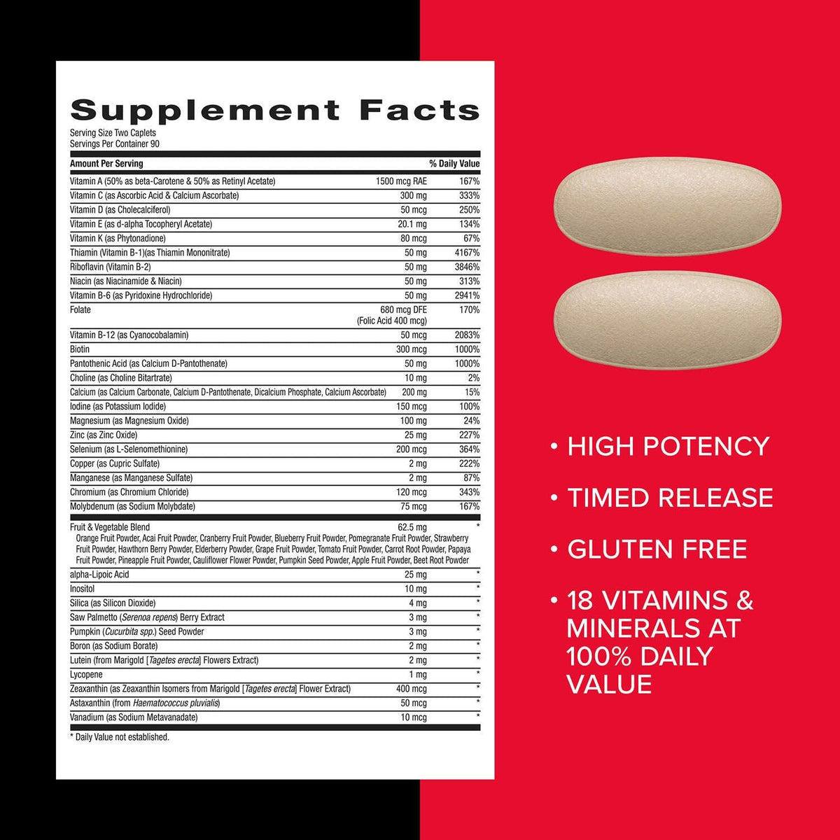 GNC Mega Men Multivitamin Caplets feature high potency and timed release, delivering essential vitamins and minerals.