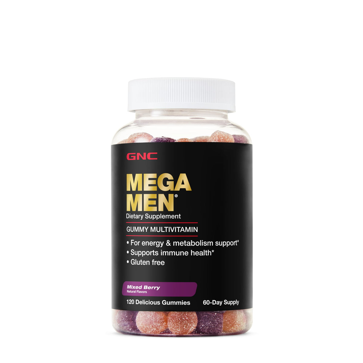 GNC Mega Men Gummy Multivitamin, 120 gluten-free gummies in Mixed Berry flavor, supports energy and immune health.