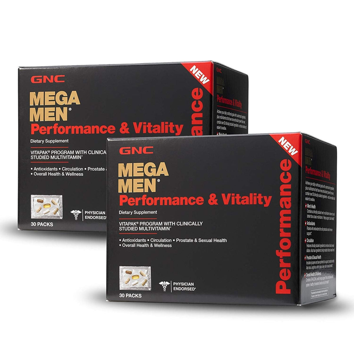 GNC Mega Men Performance & Vitality boxes, offering authentic support for men's health and wellness. 100% genuine product.