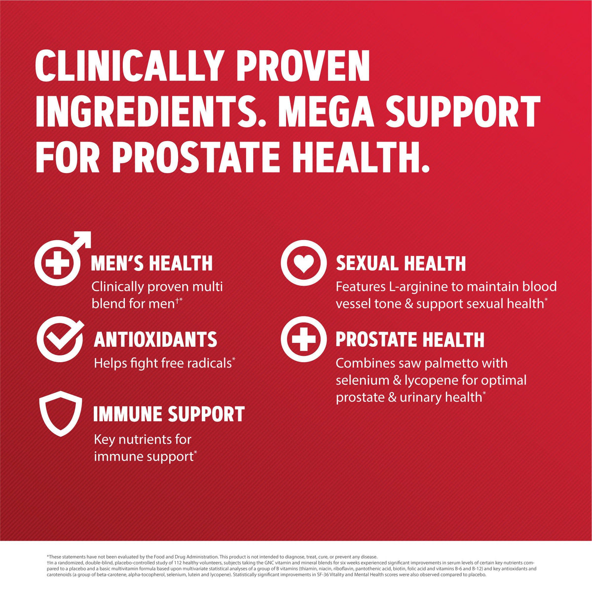 GNC Mega Men Prostate Multivitamin highlights key benefits like men's health and immune support, promoting overall wellness.