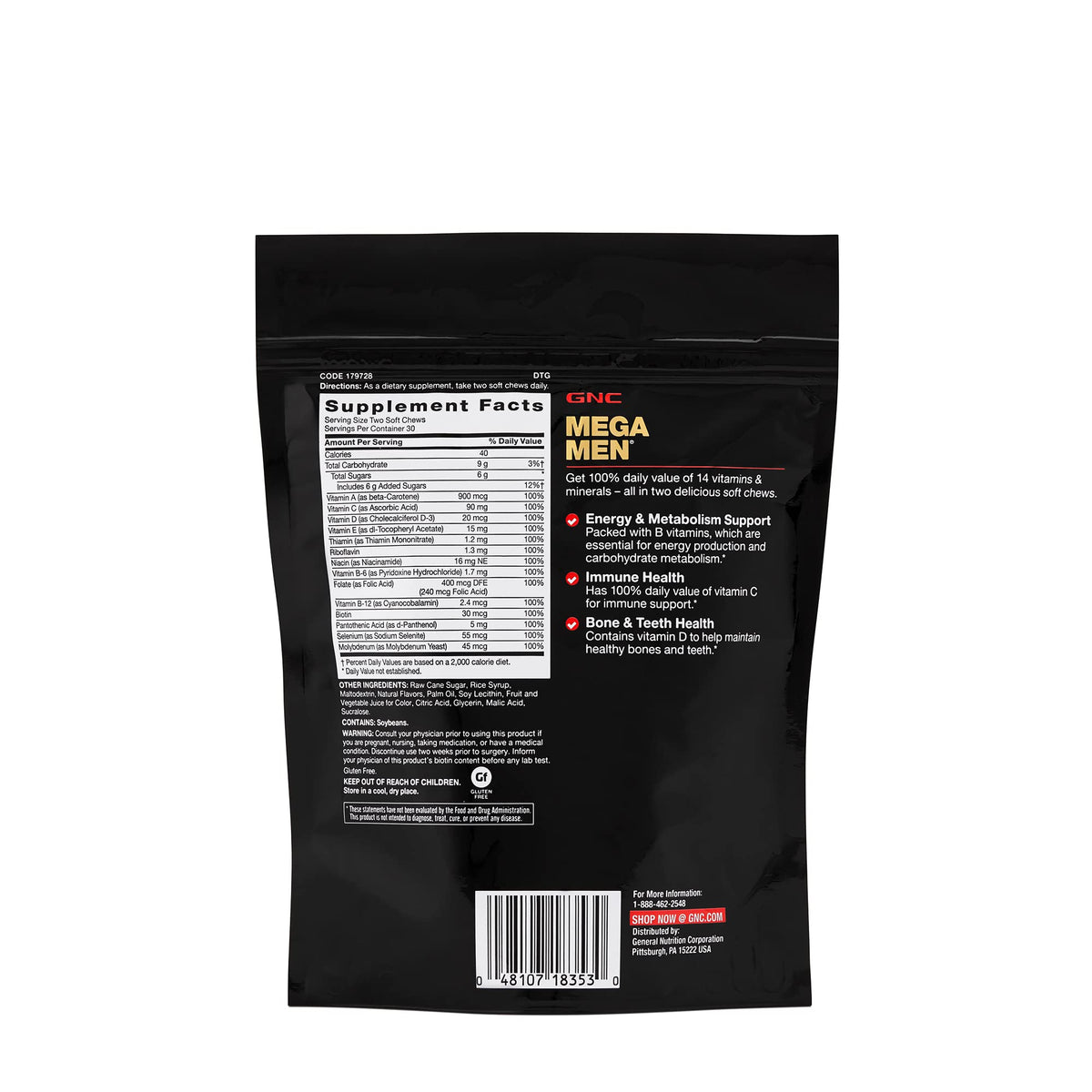 GNC Mega Men Soft Chew Multivitamin back packaging. Available in India, order online for enhanced health support.