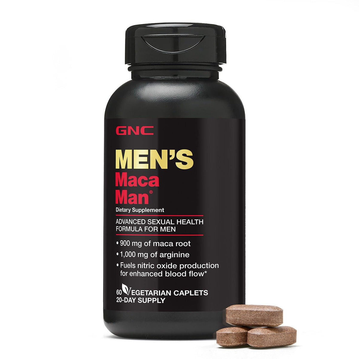 Discover GNC Men's Maca Man, an authentic dietary supplement with maca root and arginine for enhanced male vitality.