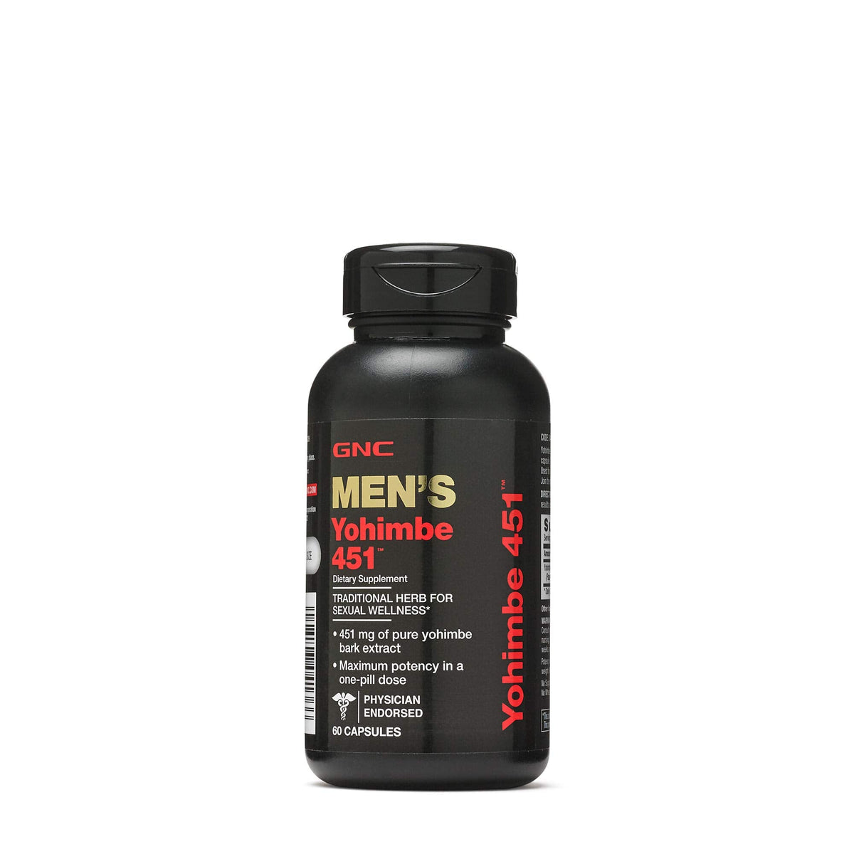 GNC Men's Yohimbe Extract, 451 mg per capsule, 60 capsules. 100% genuine dietary supplement for sexual wellness.