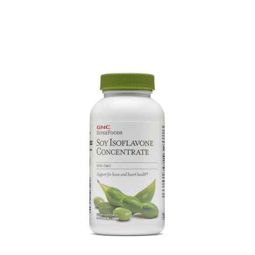 GNC Soy Isoflavone Concentrate bottle, Non-GMO formula for bone and heart health, Verified by CuratCart.