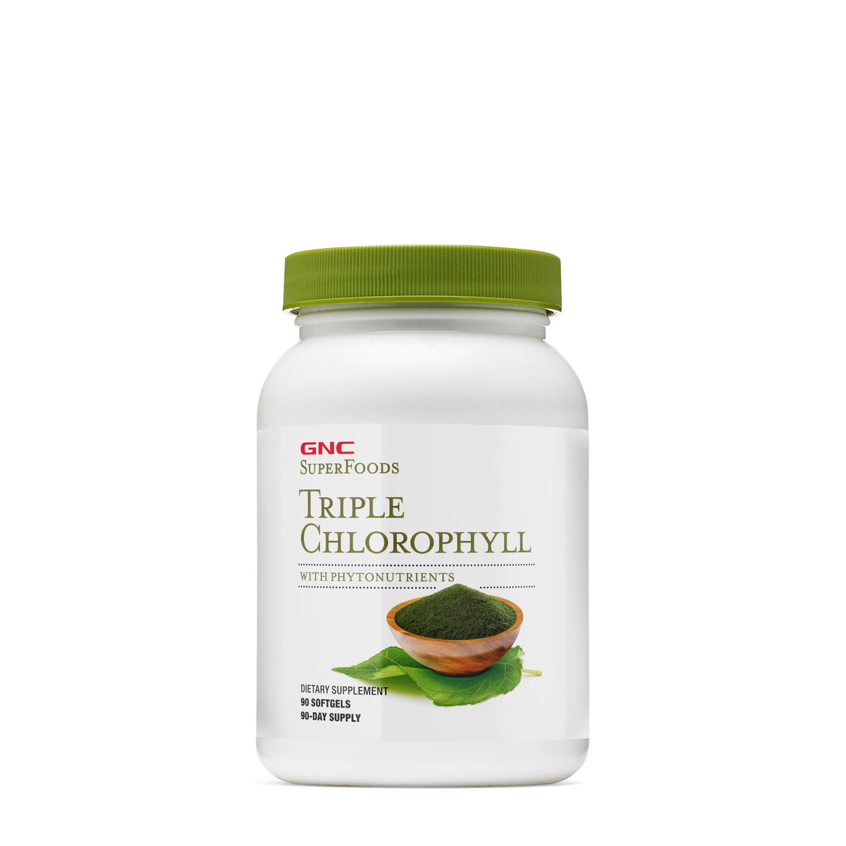 100% Genuine GNC Superfoods Triple Chlorophyll supplement with phytonutrients in a 90-capsule bottle.