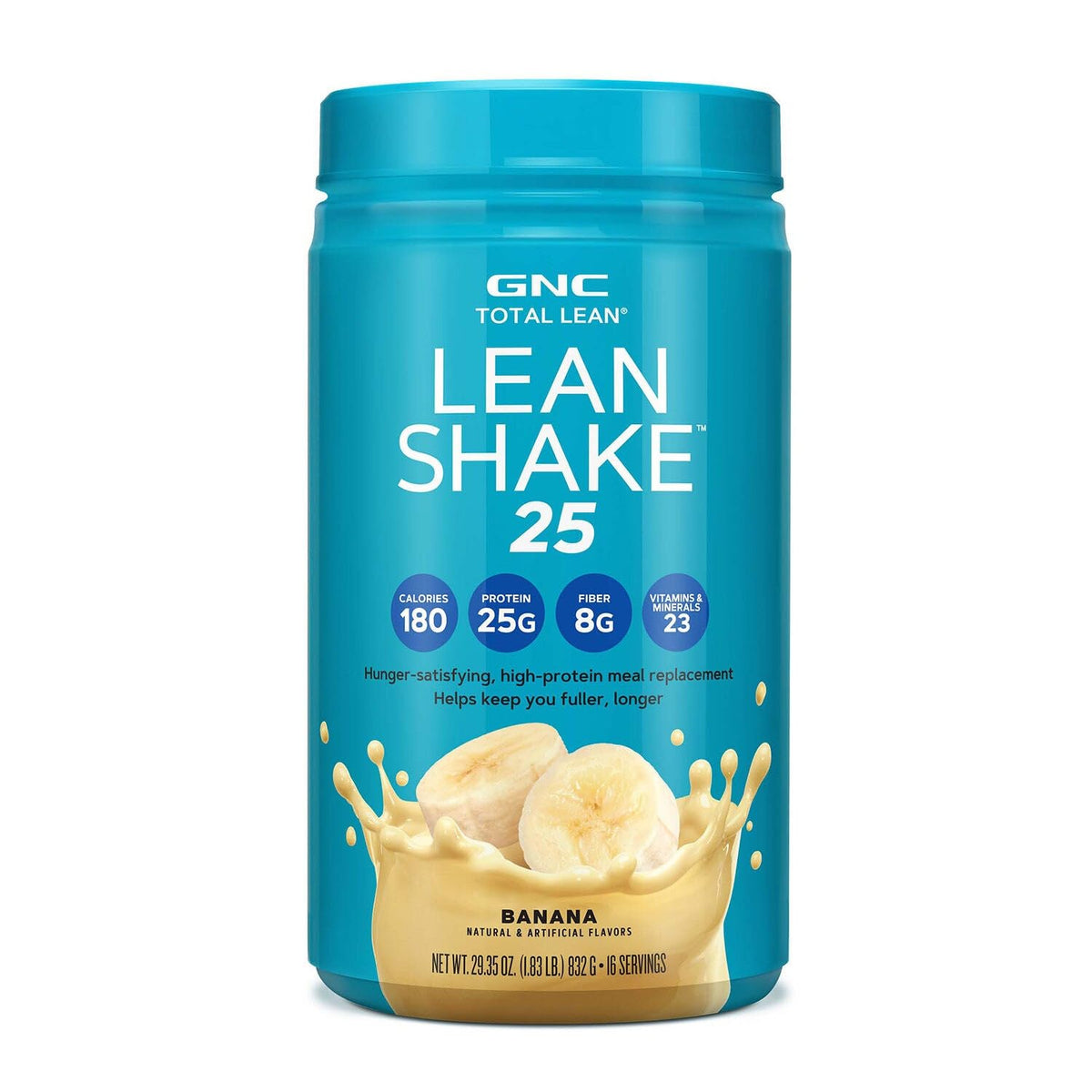 Authentic GNC Total Lean Shake in banana flavor, 100% Genuine, with 25g protein and 8g fiber for lasting fullness.