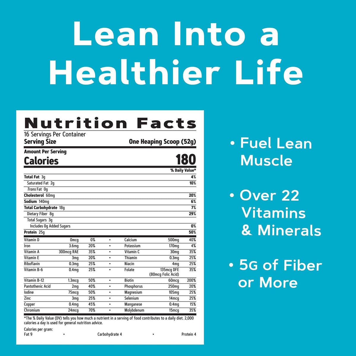 GNC Total Lean Shake nutrition facts display, showcasing calories, vitamins, and fiber content for healthier living.