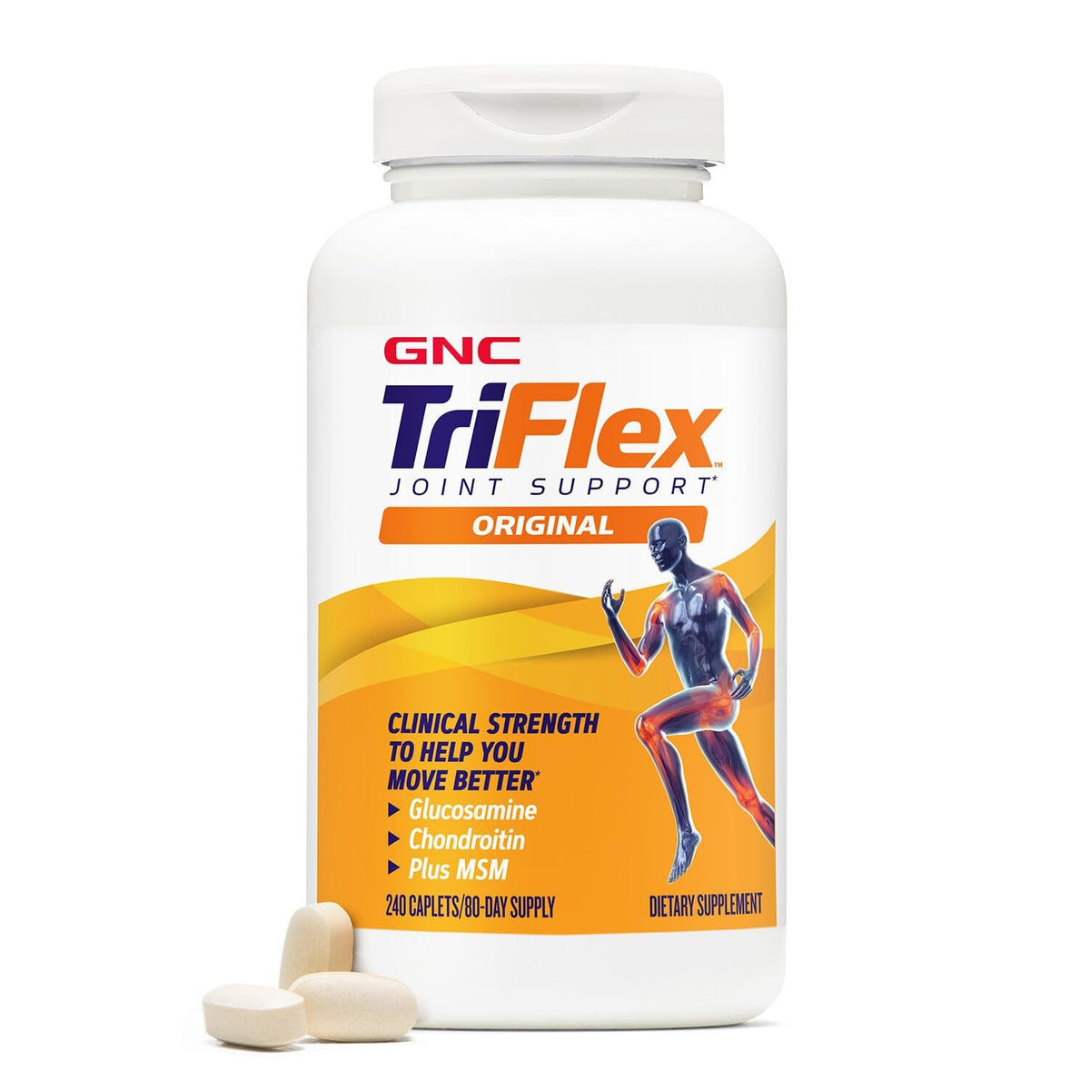 GNC TriFlex Joint Support, 240 caplets, promotes joint health with glucosamine, chondroitin, and MSM for better mobility.