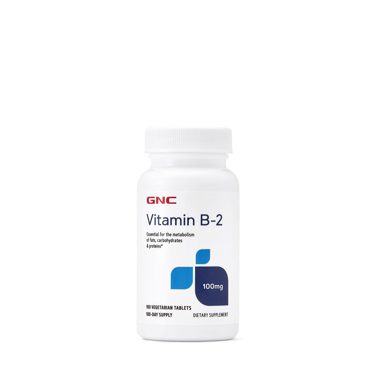 GNC Vitamin B-2 Supplement 100mg, 100 vegetarian tablets, authentic dietary supplement for metabolism support.
