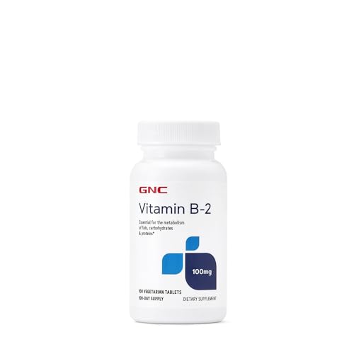 Premium imported GNC Vitamin B2 100mg supplement, featuring 100 vegetarian tablets for optimal metabolic support.
