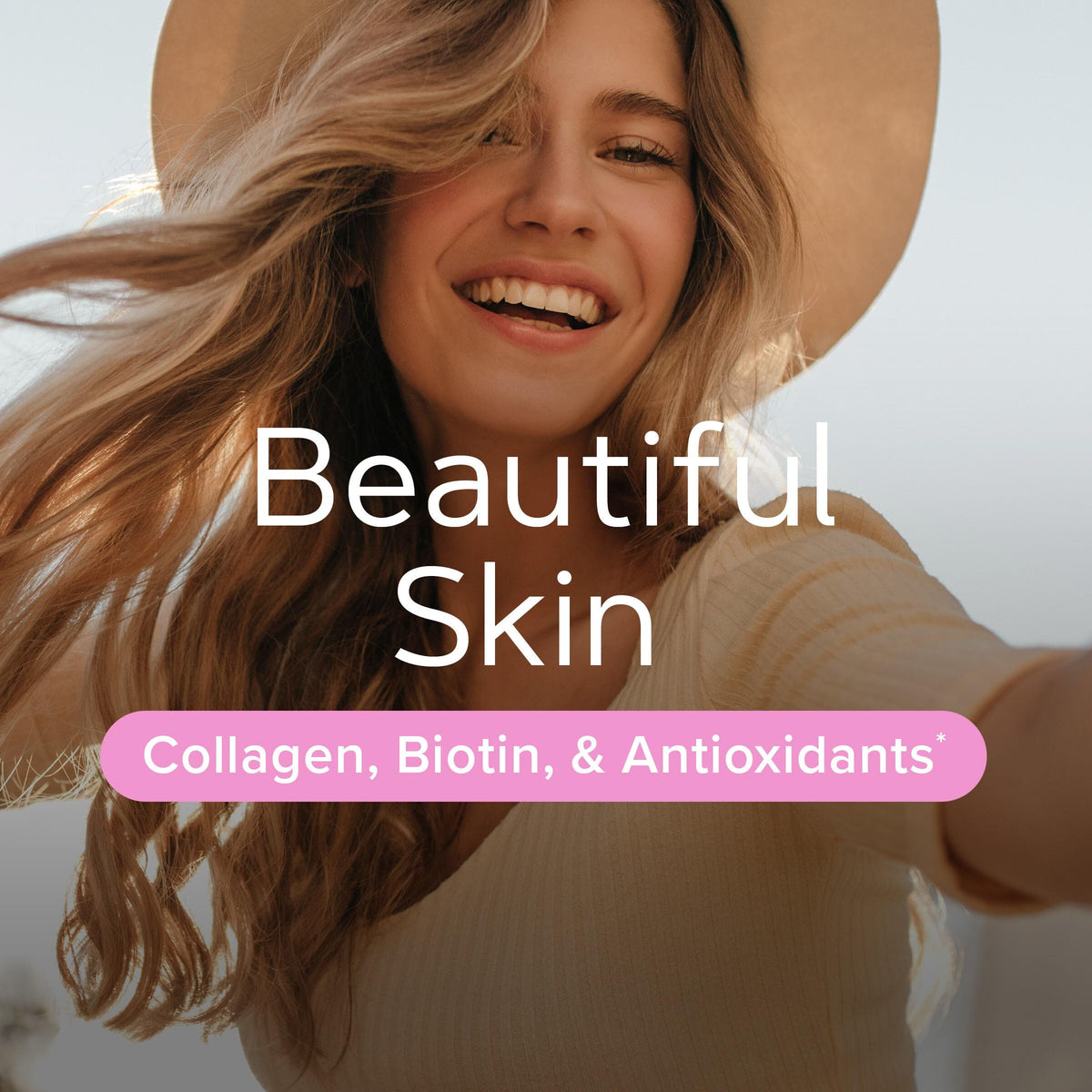 GNC Women's Vitapak Program highlights collagen, biotin, and antioxidants for beautiful skin. Original packaging featured.