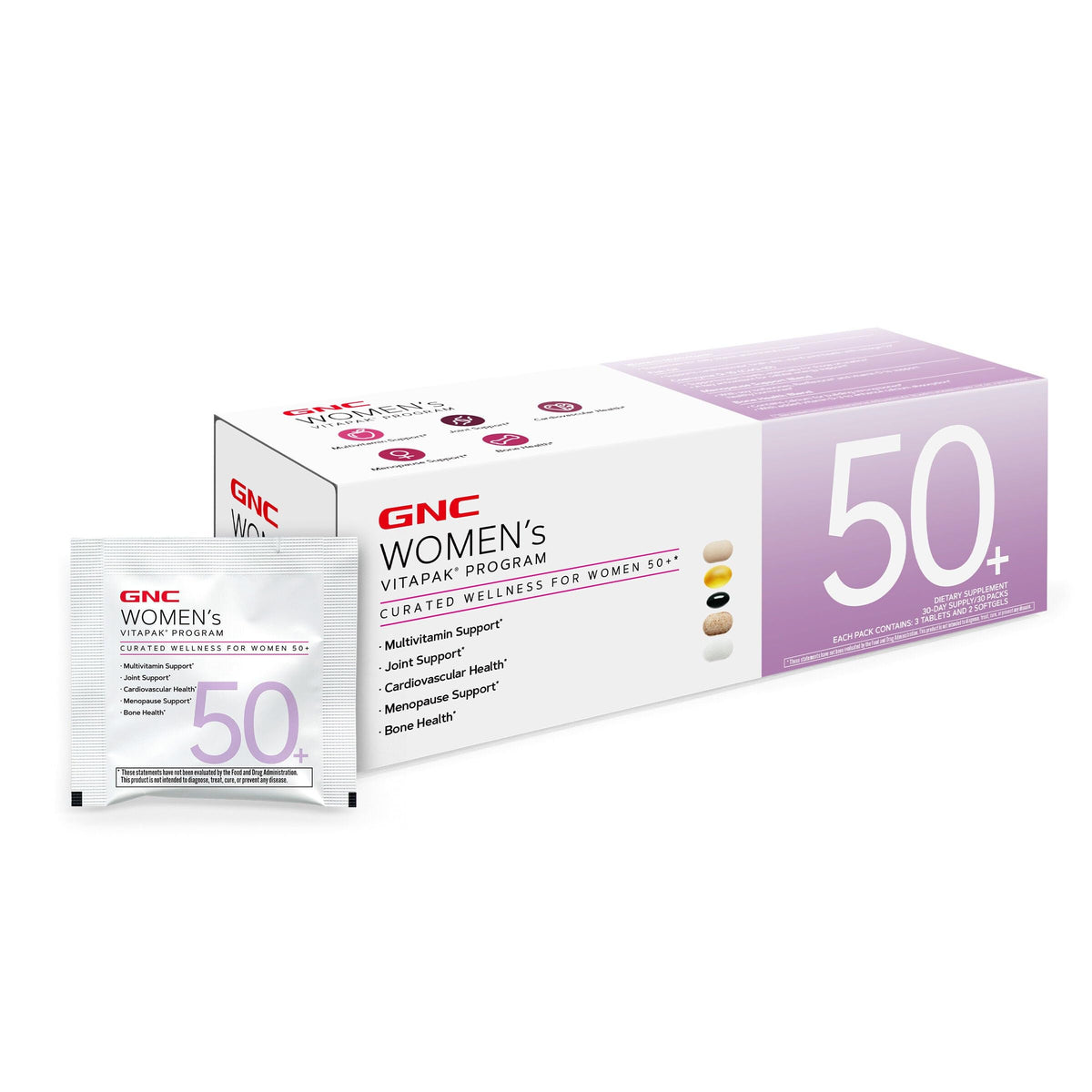 GNC Women's 50+ Multivitamin Pack, featuring authentic curated wellness for women over 50, supports overall health.