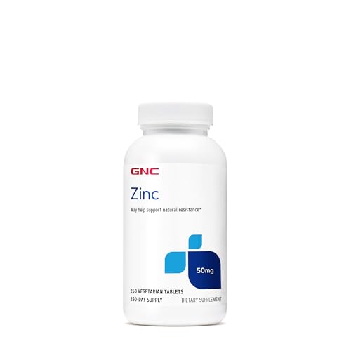 Premium imported GNC Zinc supplement, 50mg, 250 vegetarian tablets for natural resistance support.