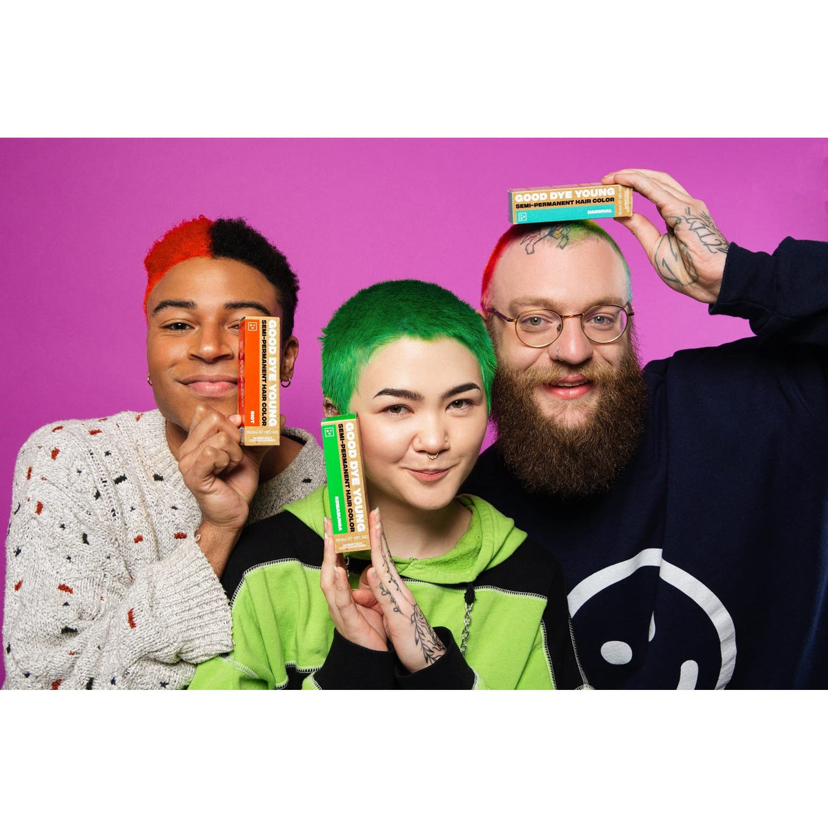 Three diverse individuals showcasing Good Dye Young's Streaks & Strands Semi-Permanent Hair Dye. Verified by CuratCart.