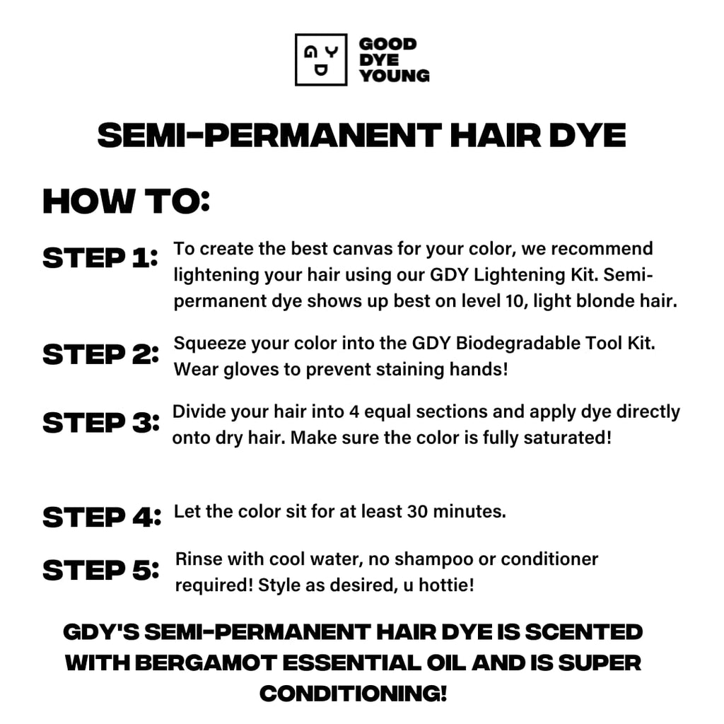 Discover Good Dye Young's semi-permanent hair dye with instructions for use, featuring conditioning and bergamot scent.