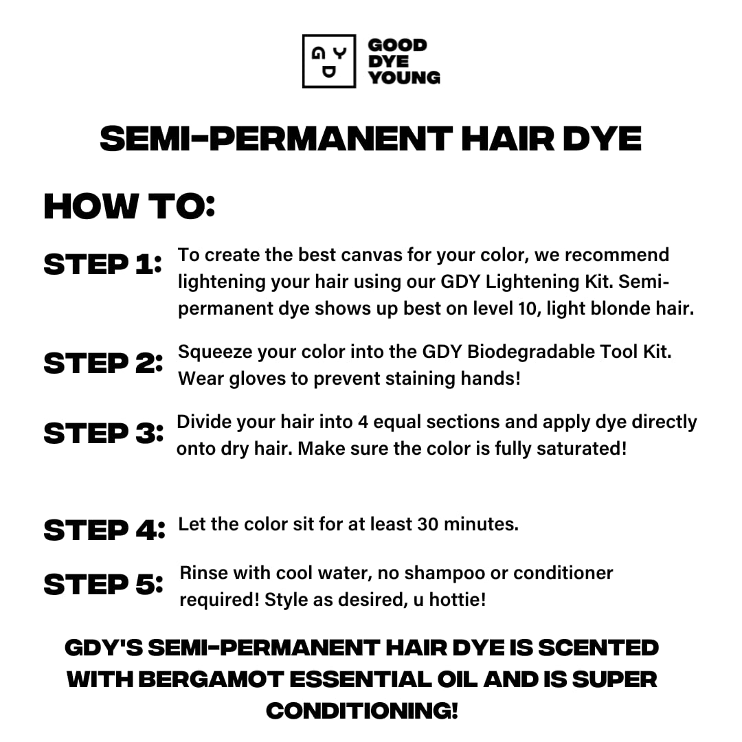 Discover Good Dye Young's semi-permanent hair dye with instructions for use, featuring conditioning and bergamot scent.