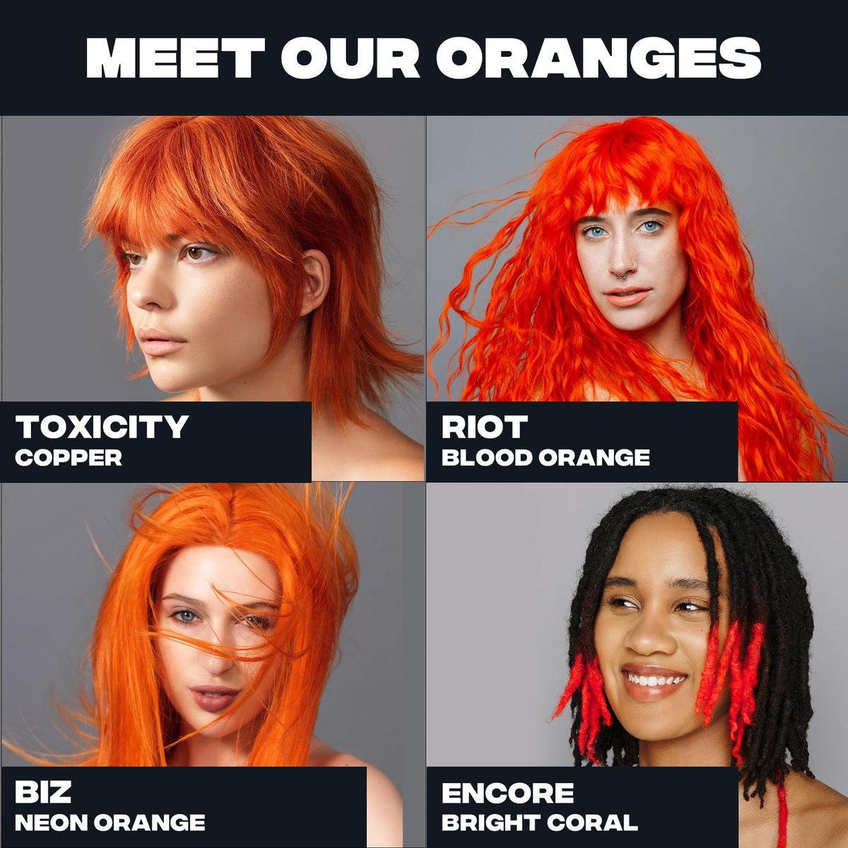 Four vibrant shades of Good Dye Young semi-permanent hair color: Copper, Blood Orange, Neon Orange, and Bright Coral. Verified by CuratCart.