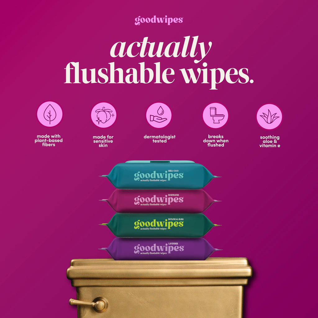 Goodwipes Flushable Wipes, made for sensitive skin, 100% Authentic and available in India at Curat Cart. Soothing with aloe & vitamin E.