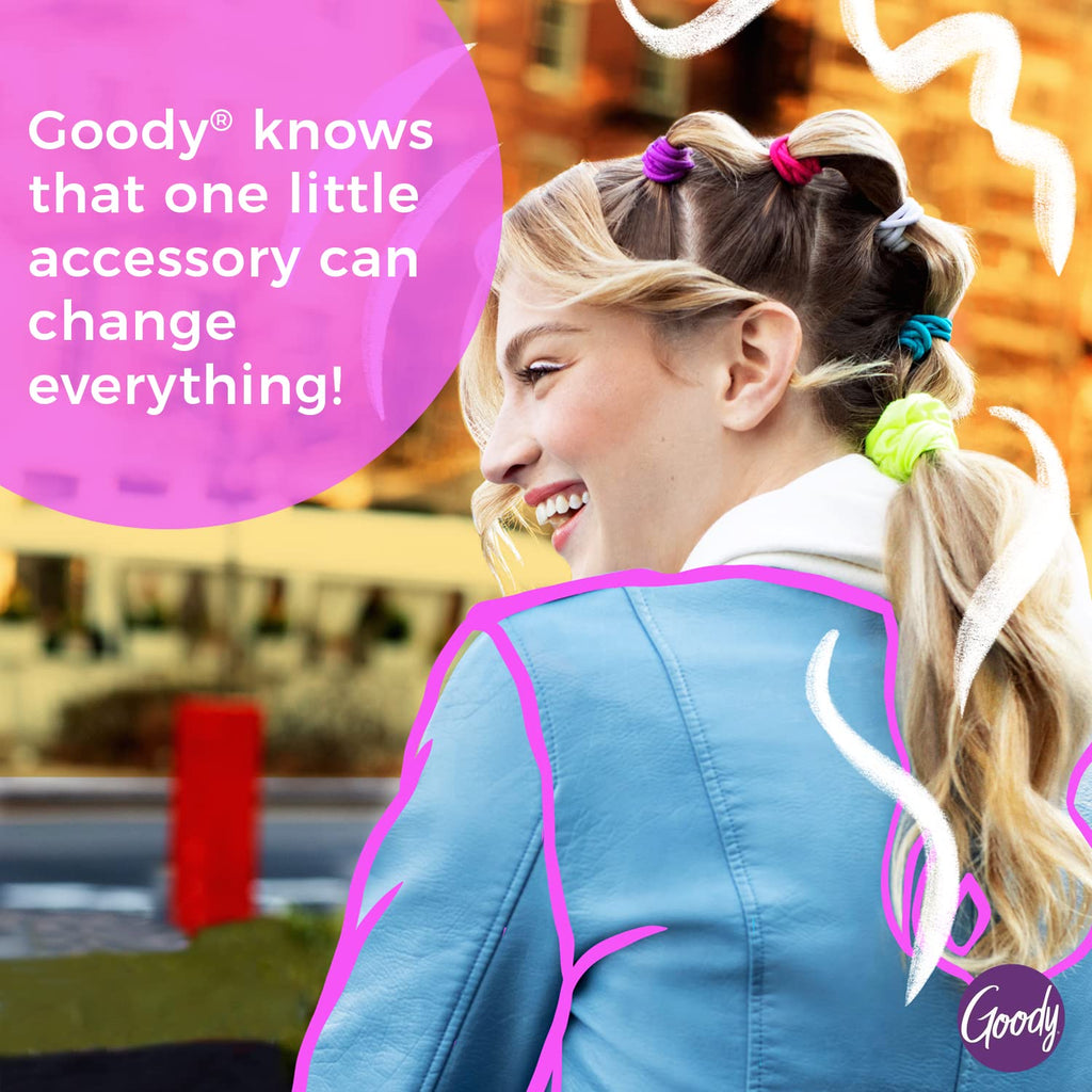 Goody Ouchless Elastic Hair Ties offer comfort and style. Ideal for all hair types, the pack includes 32 colorful, no-rip hair ties.