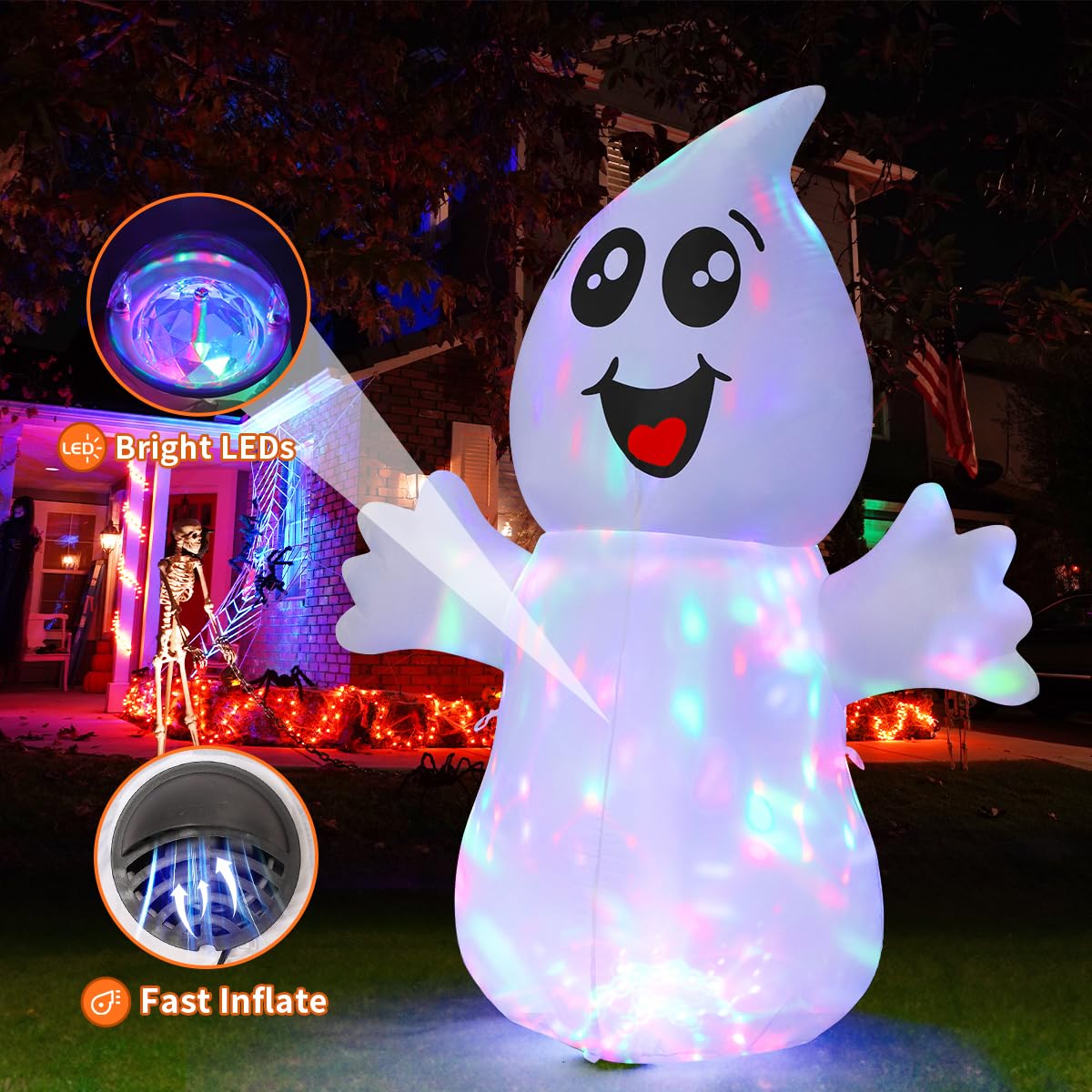 GOOSH Halloween Inflatable Ghost with bright LEDs, fast inflate feature, and high-quality material, available at Curat Cart.