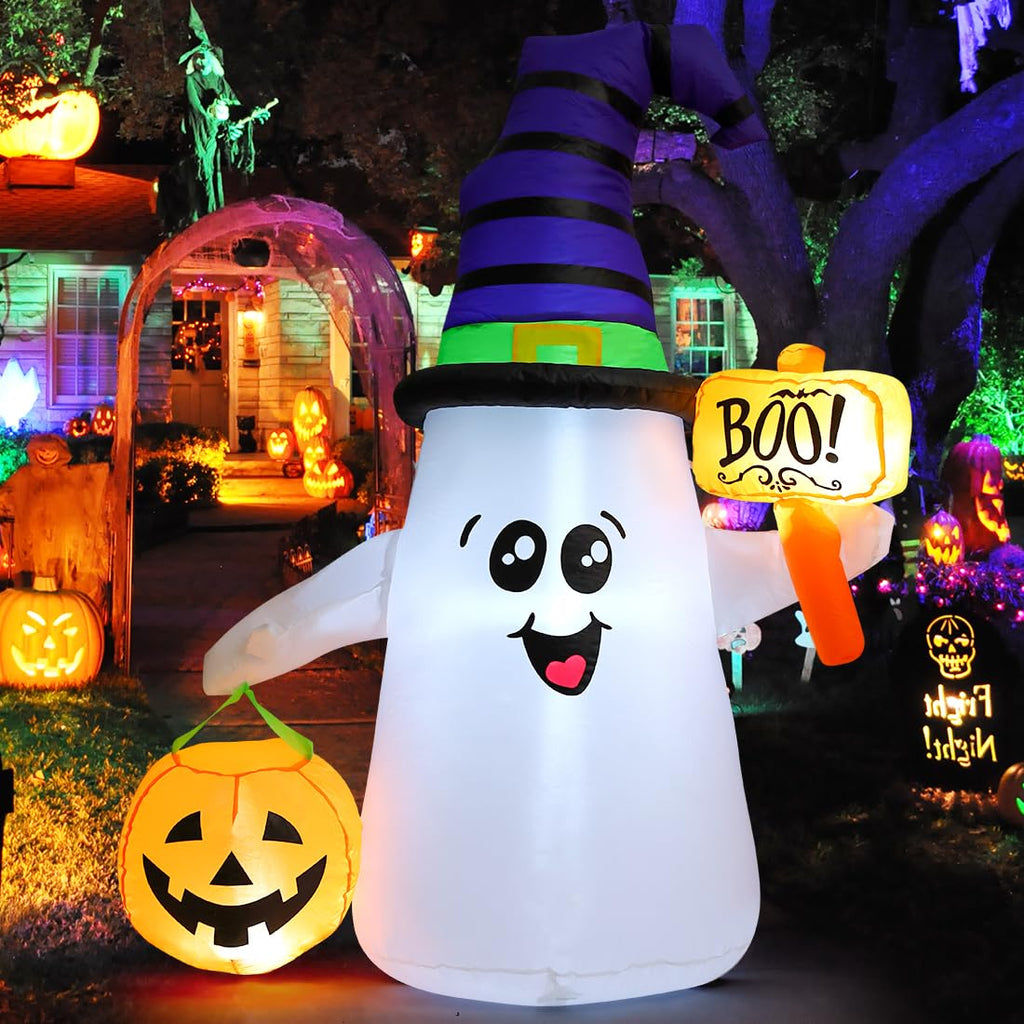 Premium imported GOOSH Halloween inflatable ghost decoration holding a pumpkin and sign, perfect for festive displays. Available at Curat Cart.
