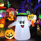 Premium imported GOOSH Halloween inflatable ghost decoration holding a pumpkin and sign, perfect for festive displays. Available at Curat Cart.