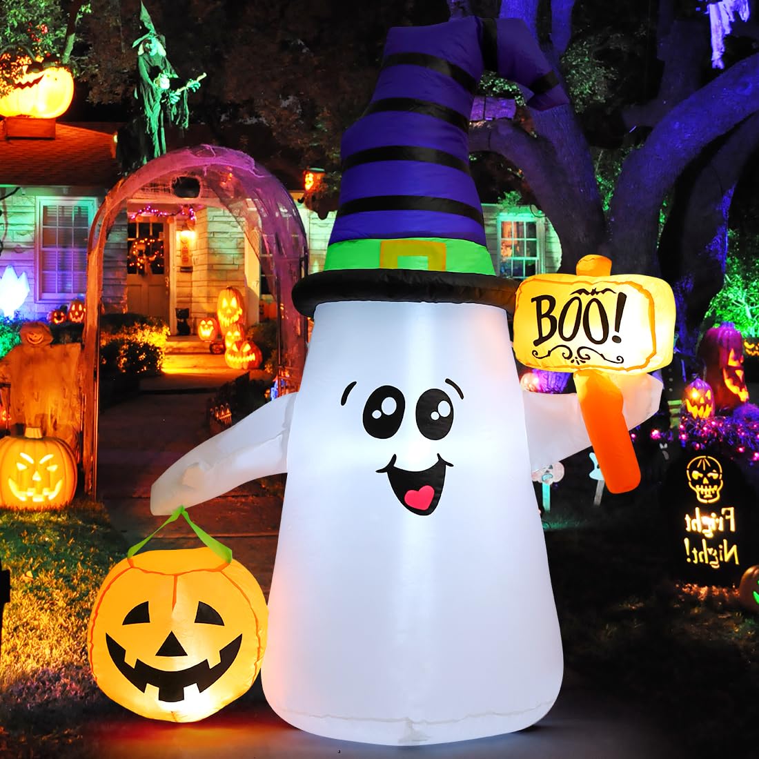 Premium imported GOOSH Halloween inflatable ghost decoration holding a pumpkin and sign, perfect for festive displays. Available at Curat Cart.